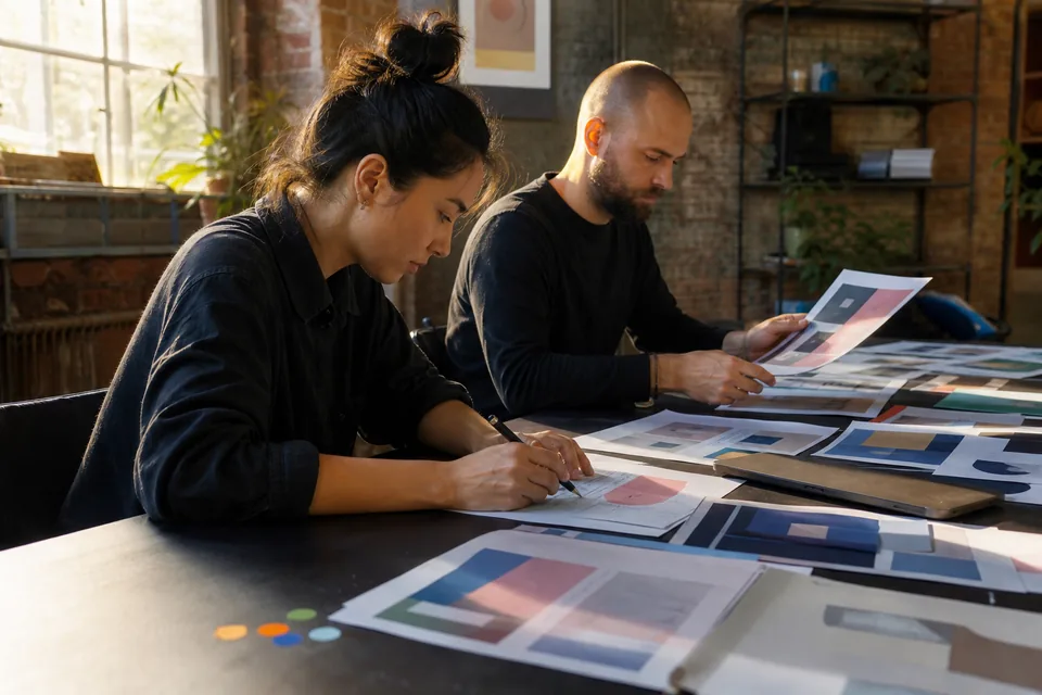 Two agency designers at a table preparing a client brief with printed website references and a laptop