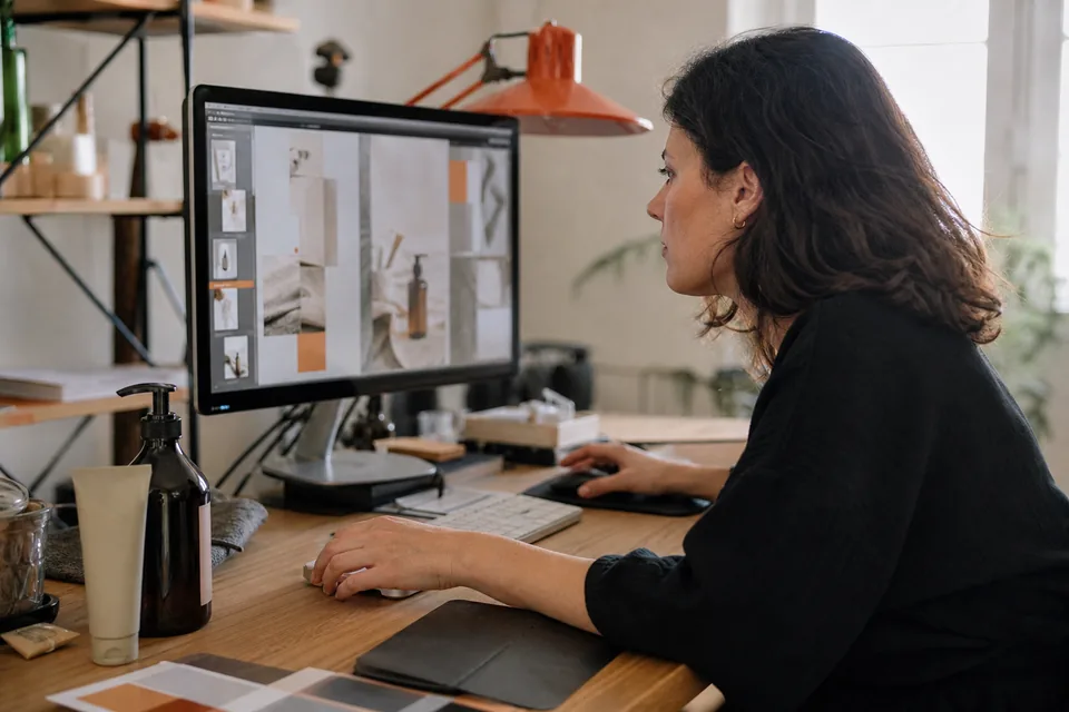Designer reviewing private reference images on a desktop monitor at a quiet desk