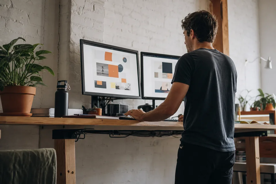 Startup founder comparing two landing page layouts on two monitors at a standing desk