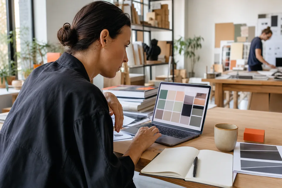 Head of design reviewing color trend charts on a laptop in a bright office