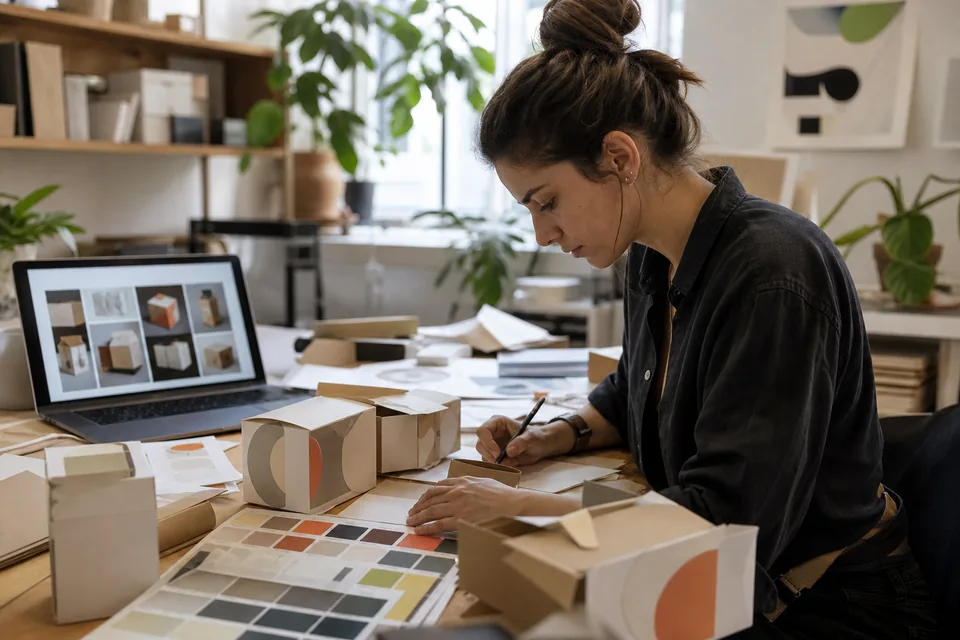 Packaging designer at a desk with carton samples, color swatches and a laptop showing package design inspiration