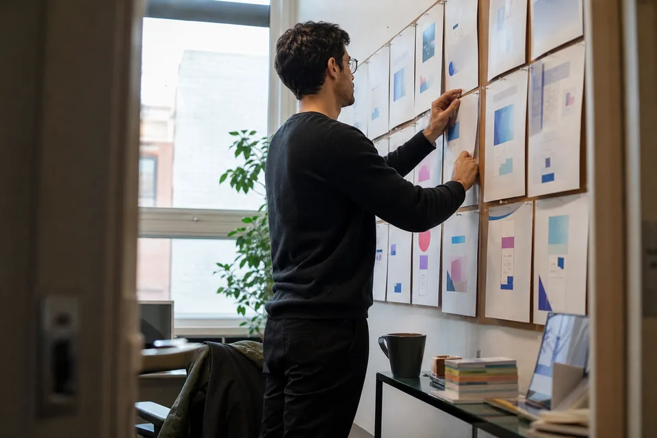 Product marketer pinning printed SaaS landing page layouts in a row on a studio wall
