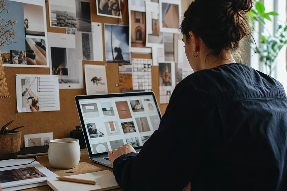 Designer at a studio desk comparing a wall of pinned saved images with a laptop showing a filtered grid of web designs
