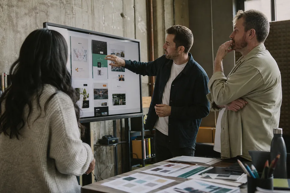 Three designers around a large monitor reviewing a shared board of website references in a meeting room