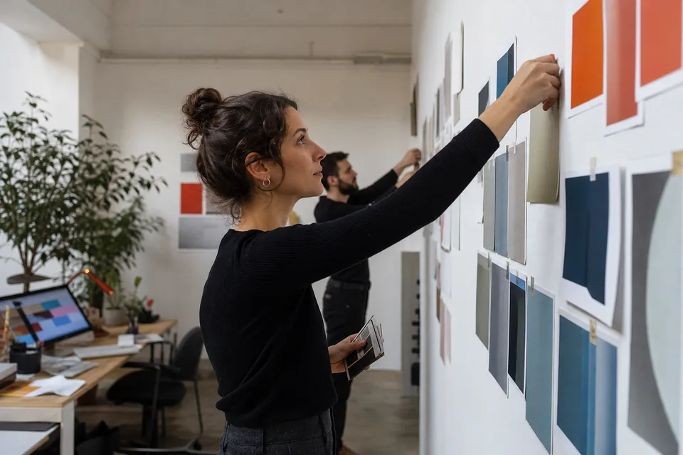 Designers sticking color chips and type samples on a wall grouped by color families