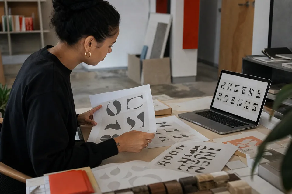 Brand designer comparing printed type specimens at a desk next to a laptop