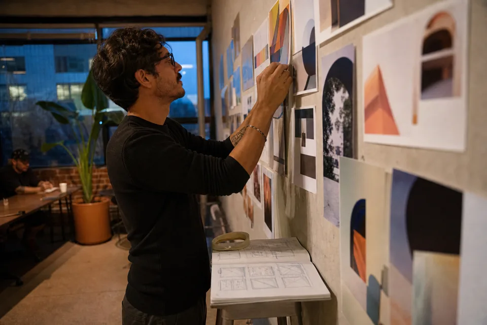 Web designer pinning printed website homepage layouts onto a studio wall next to a sketchbook of wireframes