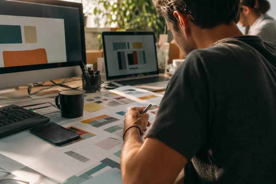 Designer's desk with printed website layouts, pencil notes and a phone next to the keyboard