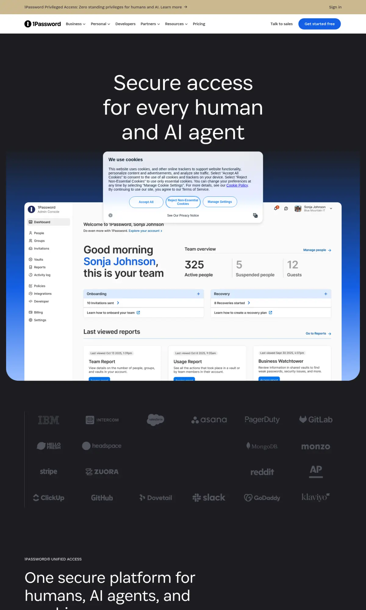 1Password homepage, the page as you scroll
