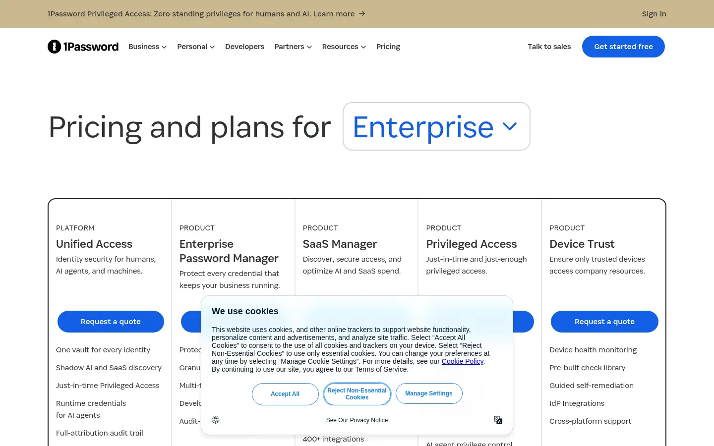 1Password pricing page, first screen, design by 1Password