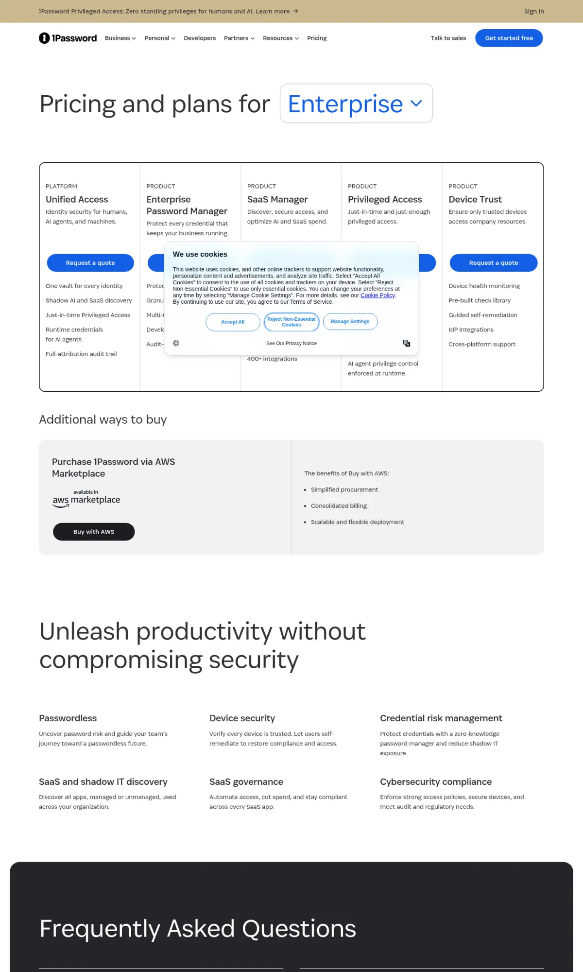 1Password pricing page, the page as you scroll