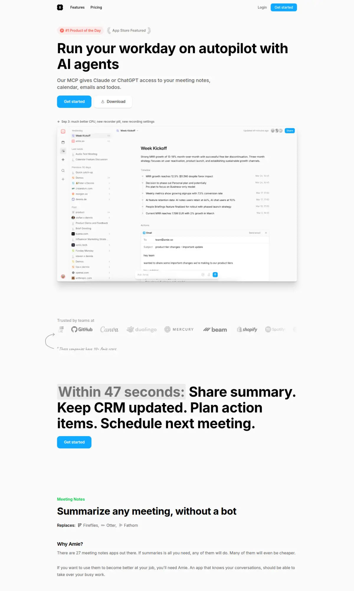 Amie app site, the page as you scroll