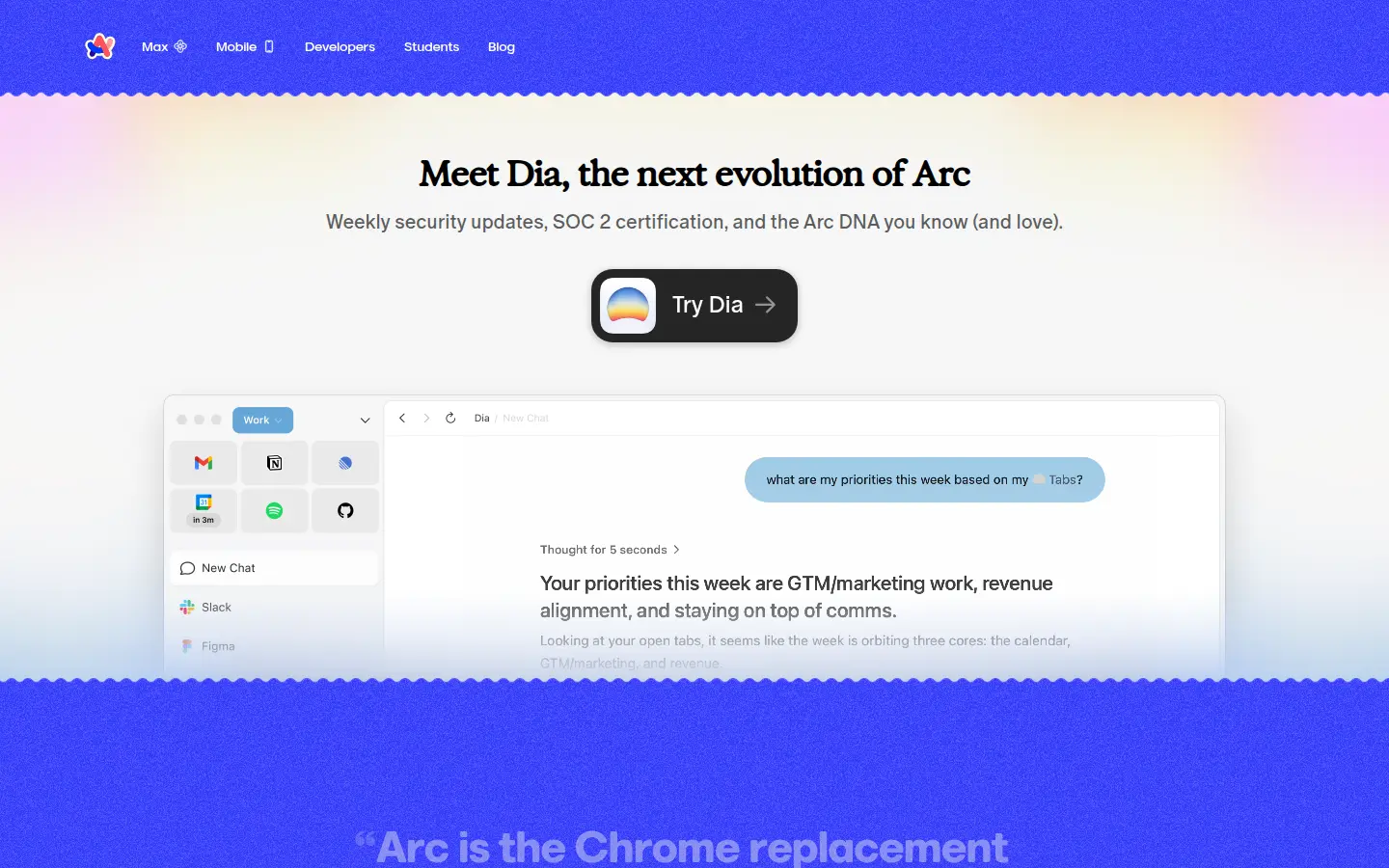 Arc browser homepage, first screen, design by The Browser Company
