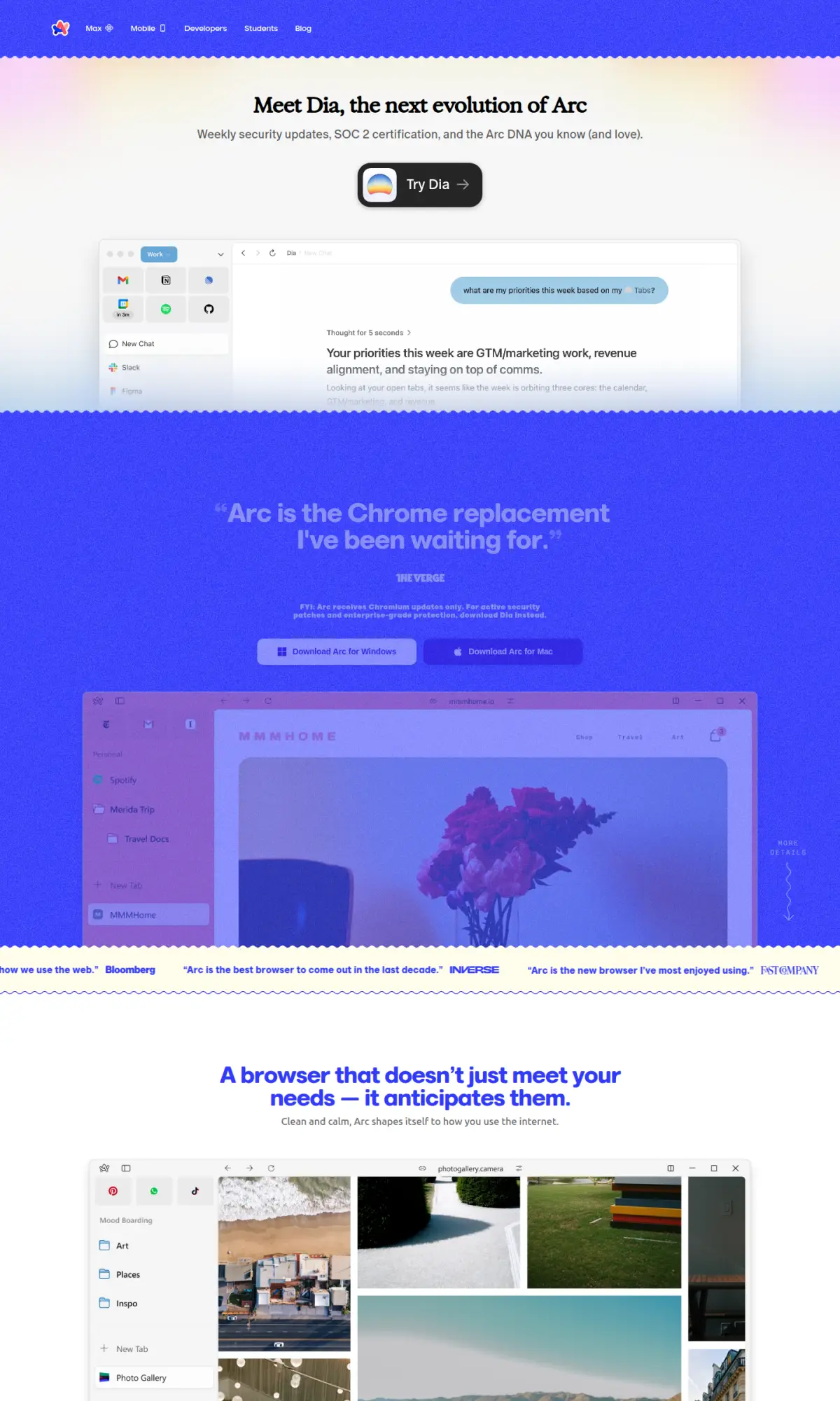 Arc browser homepage, the page as you scroll