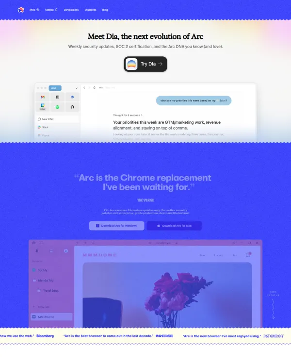 Arc browser homepage, design by The Browser Company