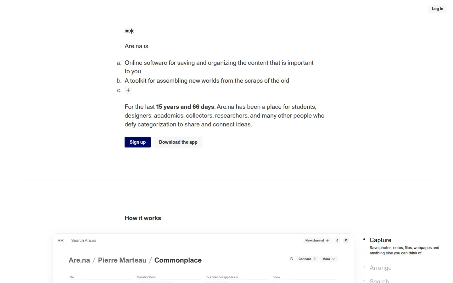 Are.na homepage, first screen, design by Are.na