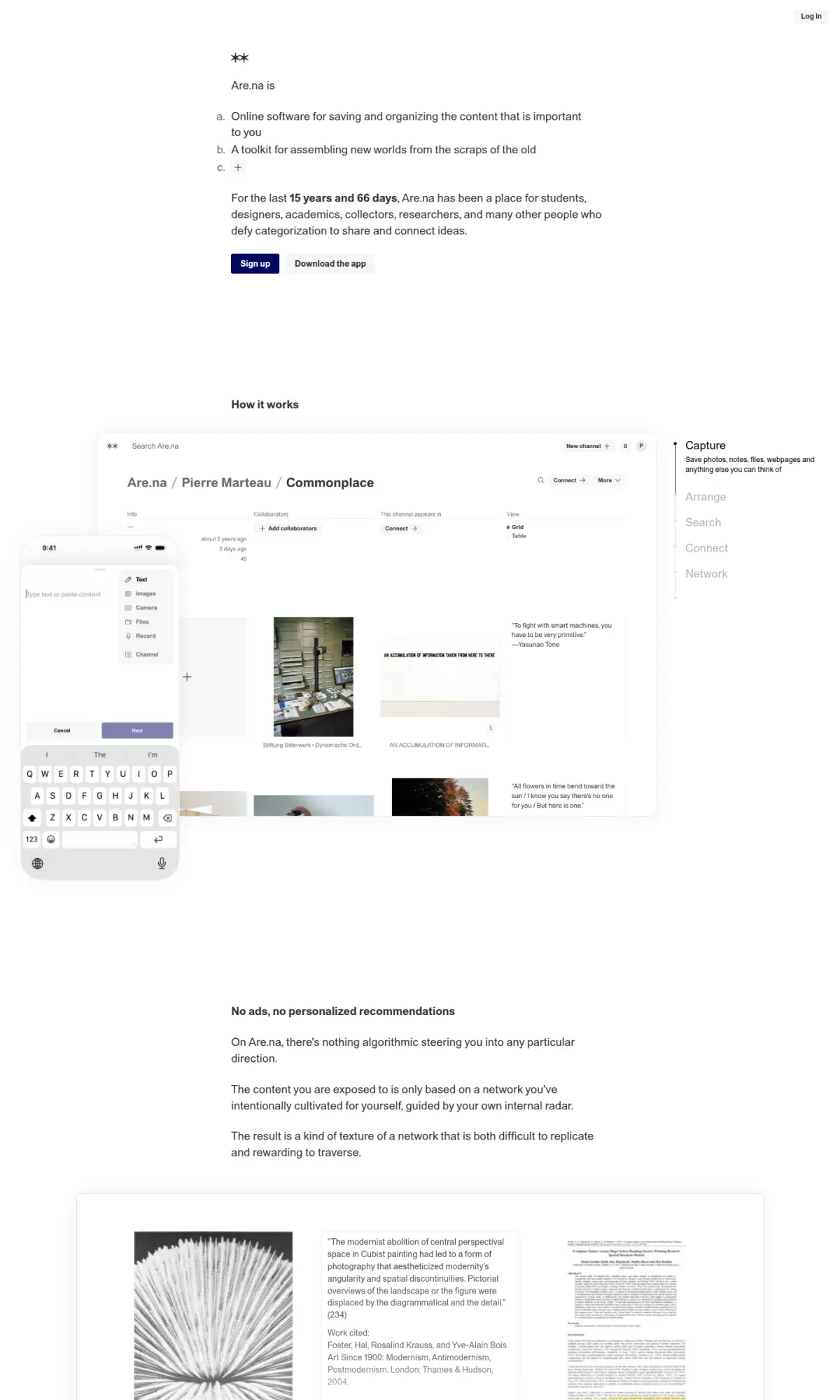 Are.na homepage, the page as you scroll