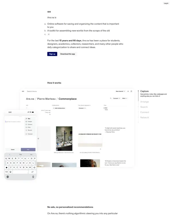Are.na homepage, design by Are.na