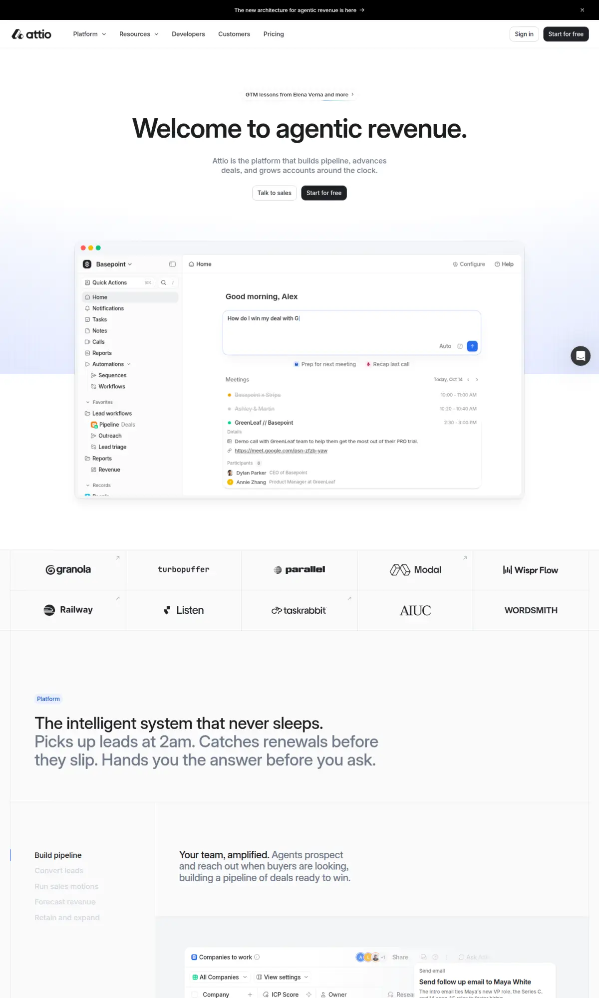 Attio homepage, the page as you scroll