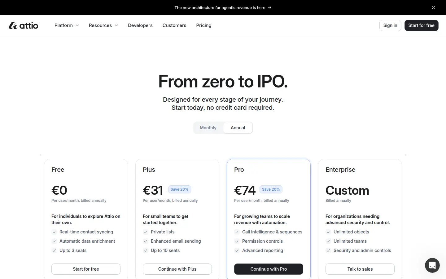 Attio pricing page, first screen, design by Attio