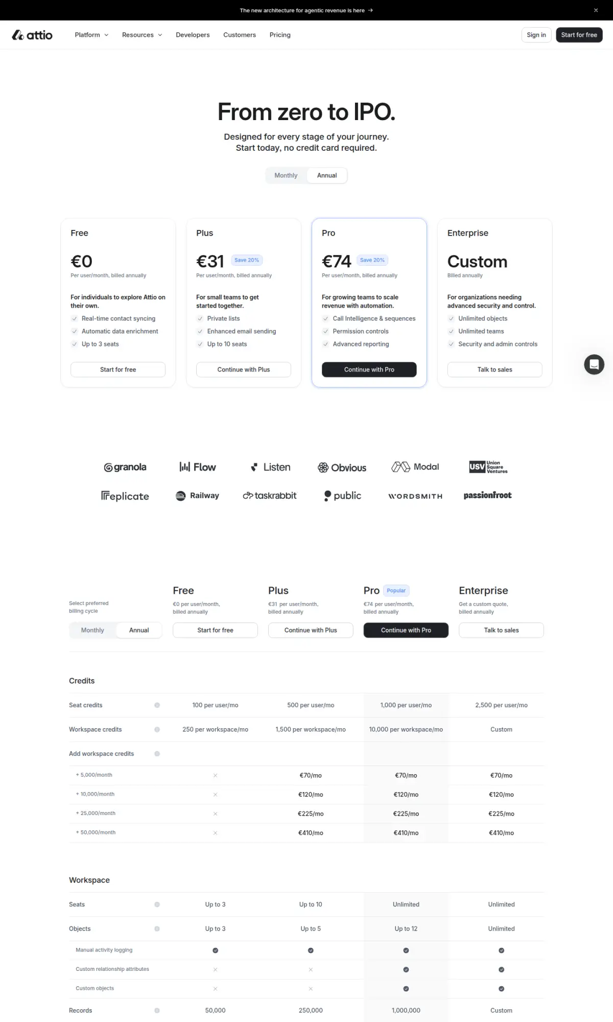 Attio pricing page, the page as you scroll