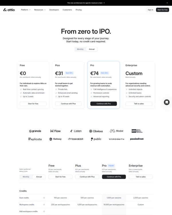 Attio pricing page, design by Attio