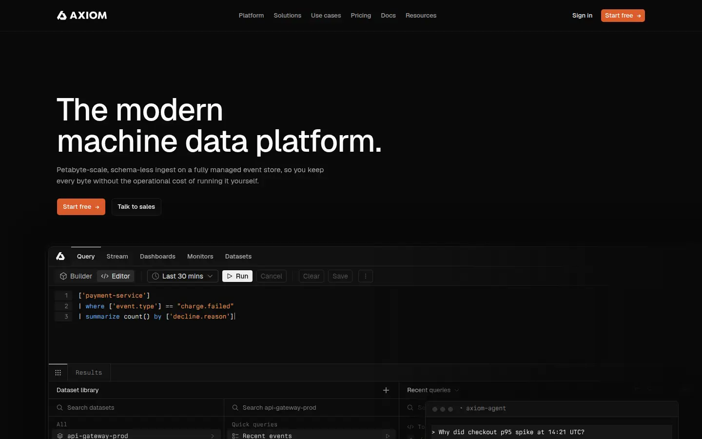 Axiom homepage, first screen, design by Axiom