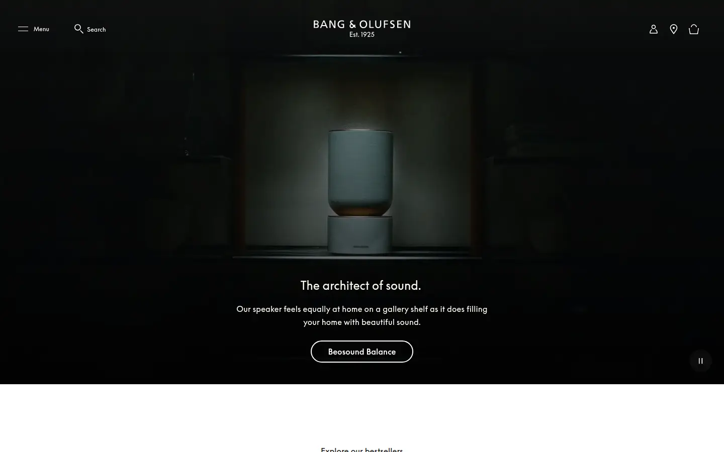 Bang & Olufsen homepage, first screen, design by Bang & Olufsen