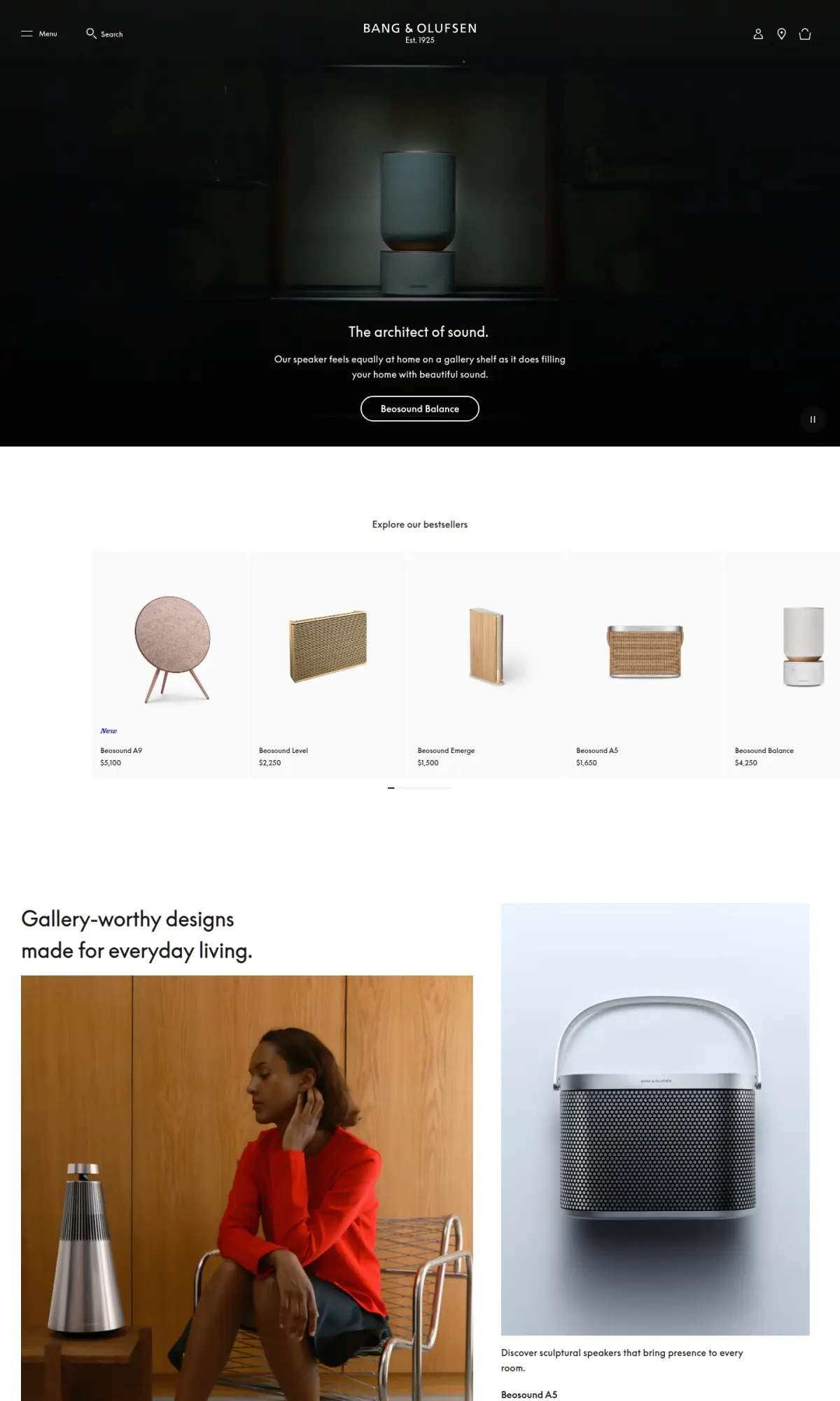 Bang & Olufsen homepage, the page as you scroll