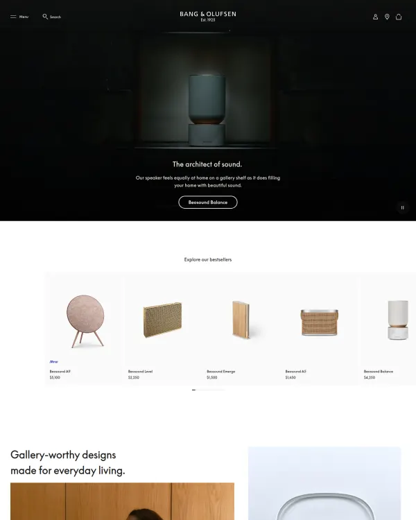 Bang & Olufsen homepage, design by Bang & Olufsen
