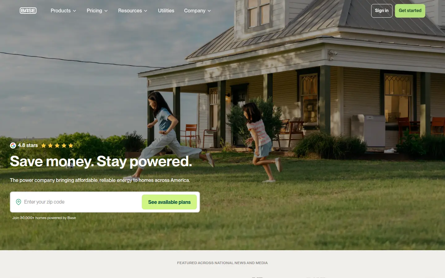 Base Power homepage, first screen, design by Base Power