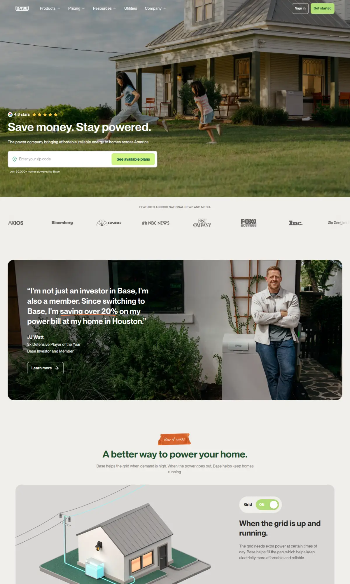 Base Power homepage, the page as you scroll
