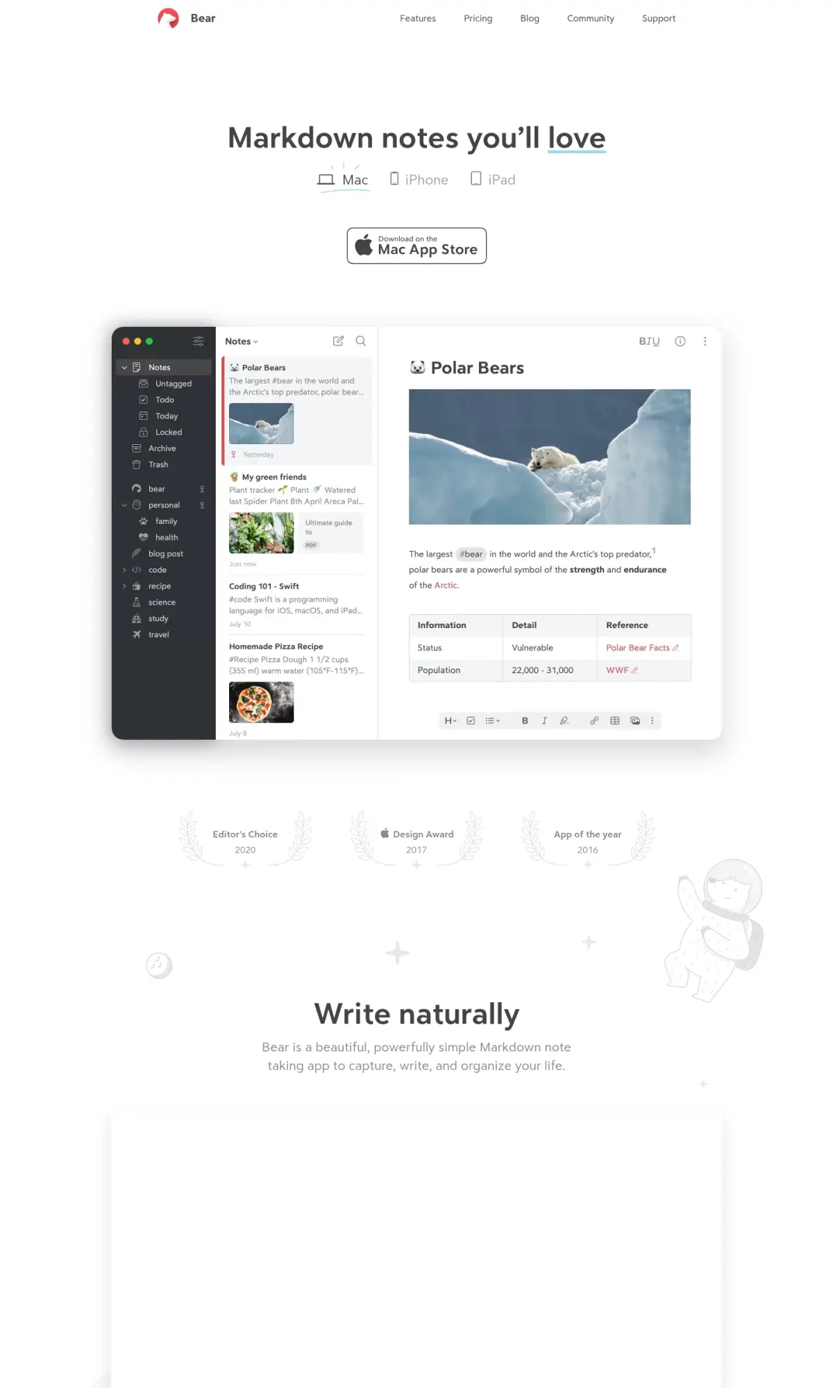 Bear notes app site, the page as you scroll