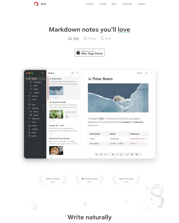 Bear notes app site, design by Shiny Frog