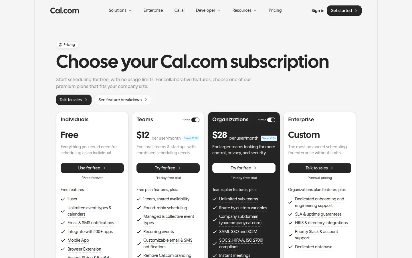 Cal.com pricing page, first screen, design by Cal.com