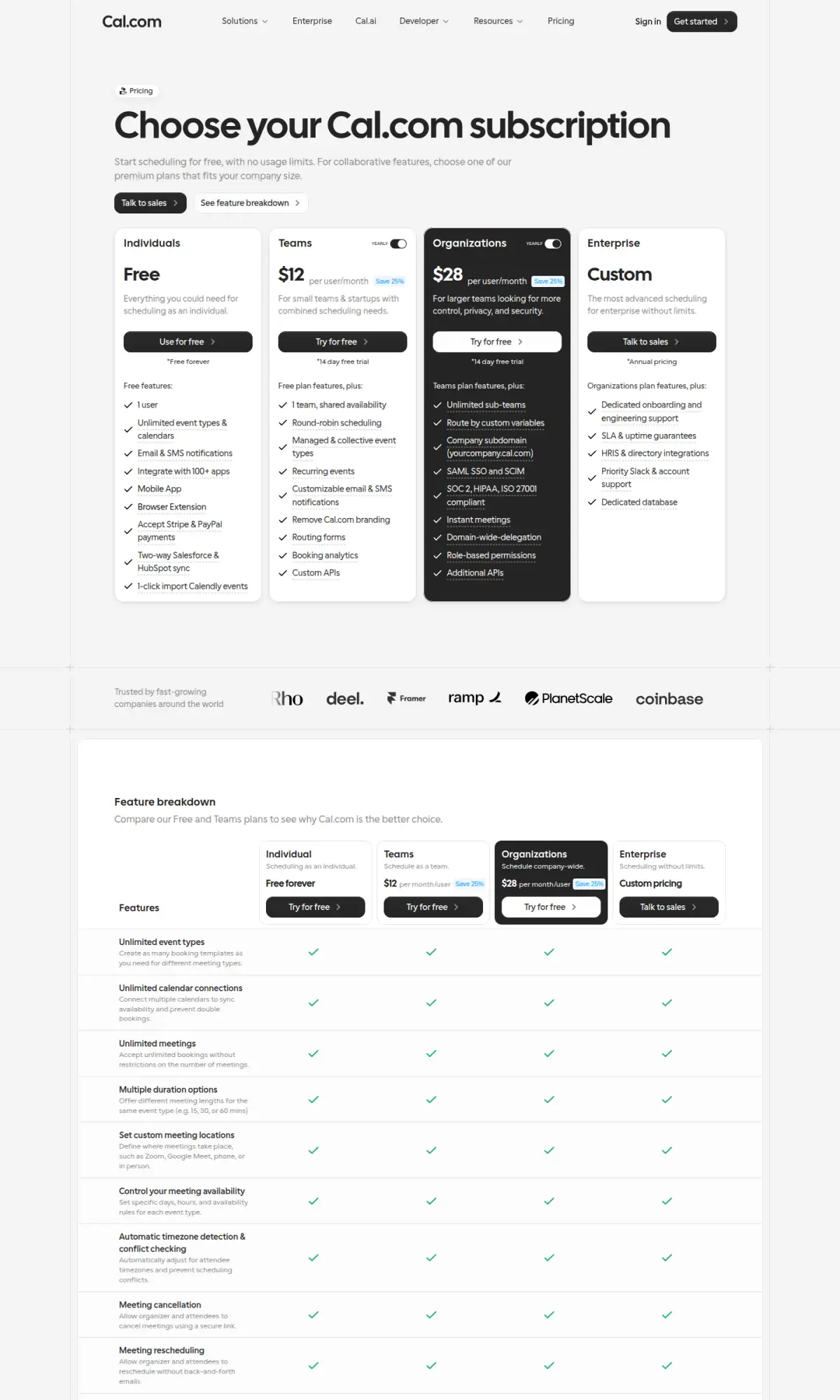 Cal.com pricing page, the page as you scroll