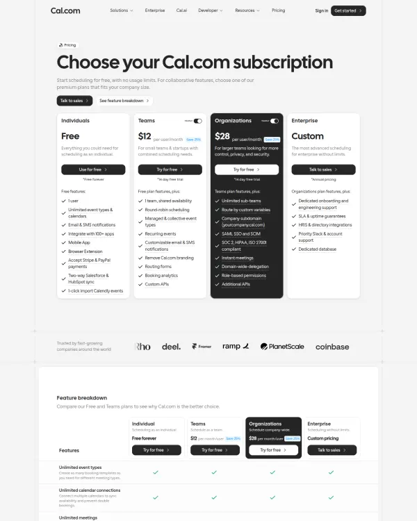 Cal.com pricing page, design by Cal.com
