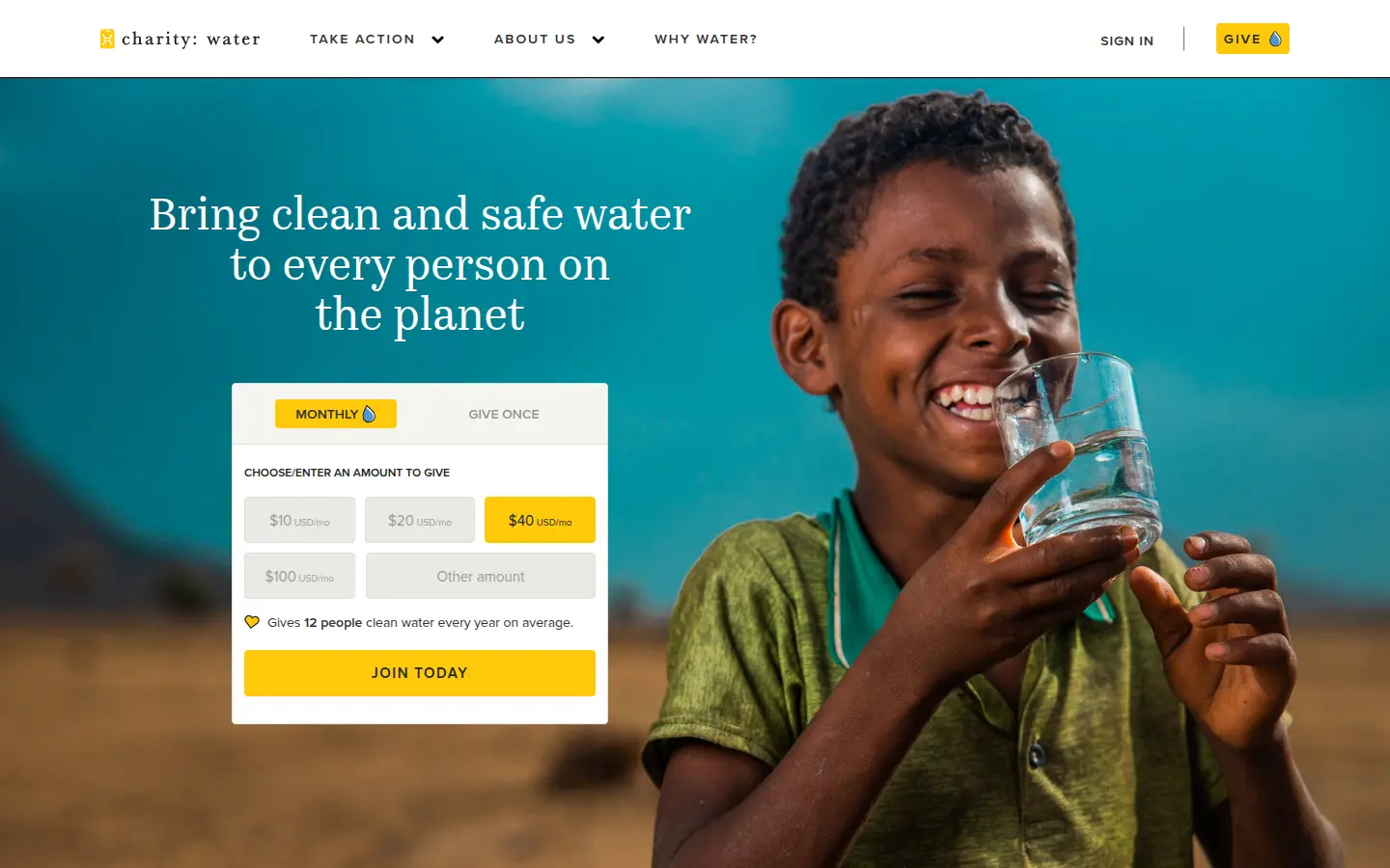 charity water homepage, first screen, design by charity: water
