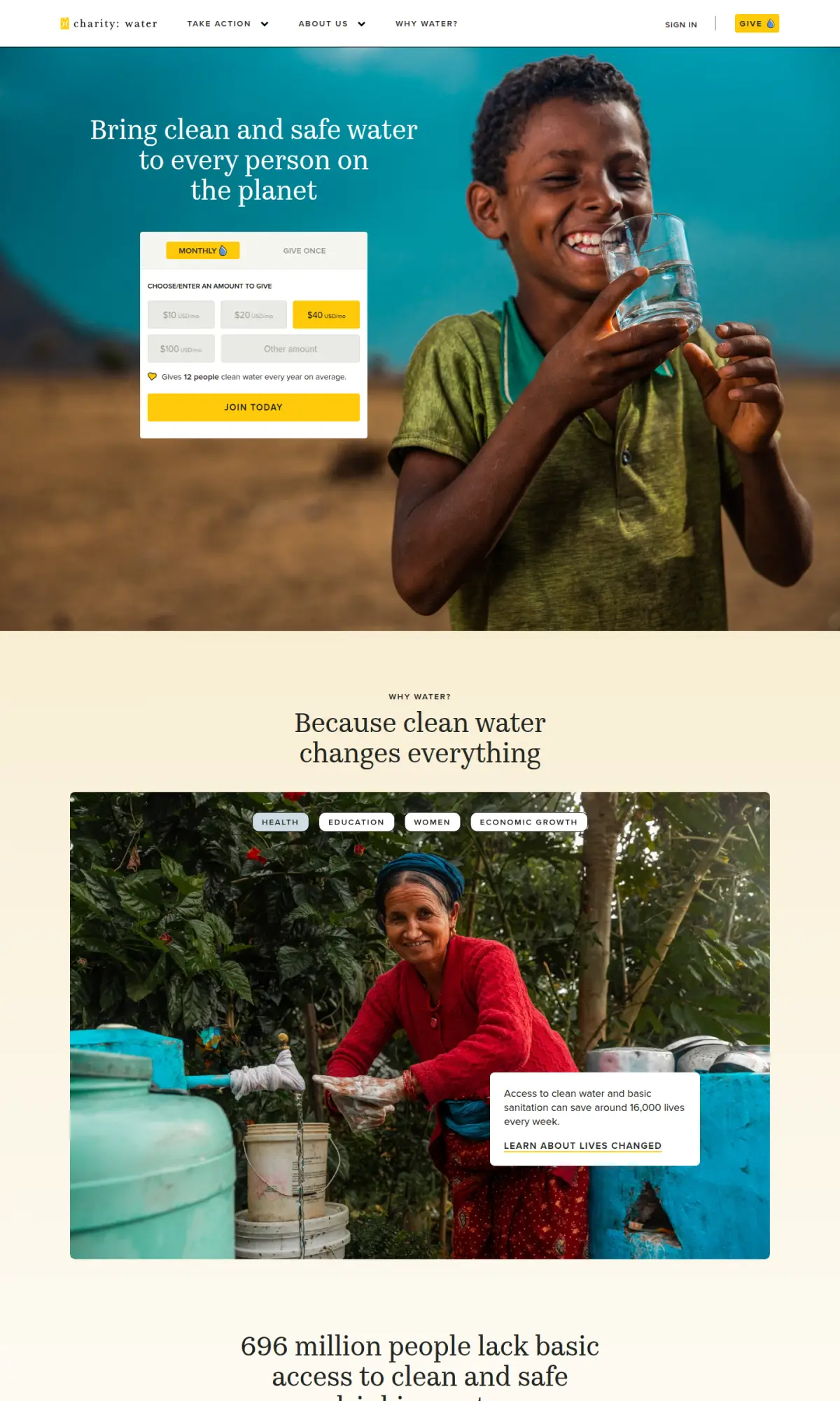 charity water homepage, the page as you scroll