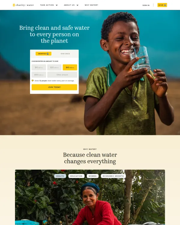 charity water homepage, design by charity: water