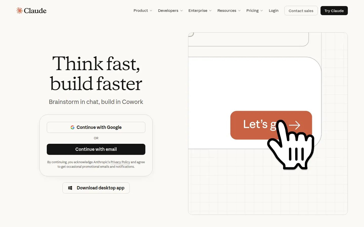 Claude homepage, first screen, design by Anthropic