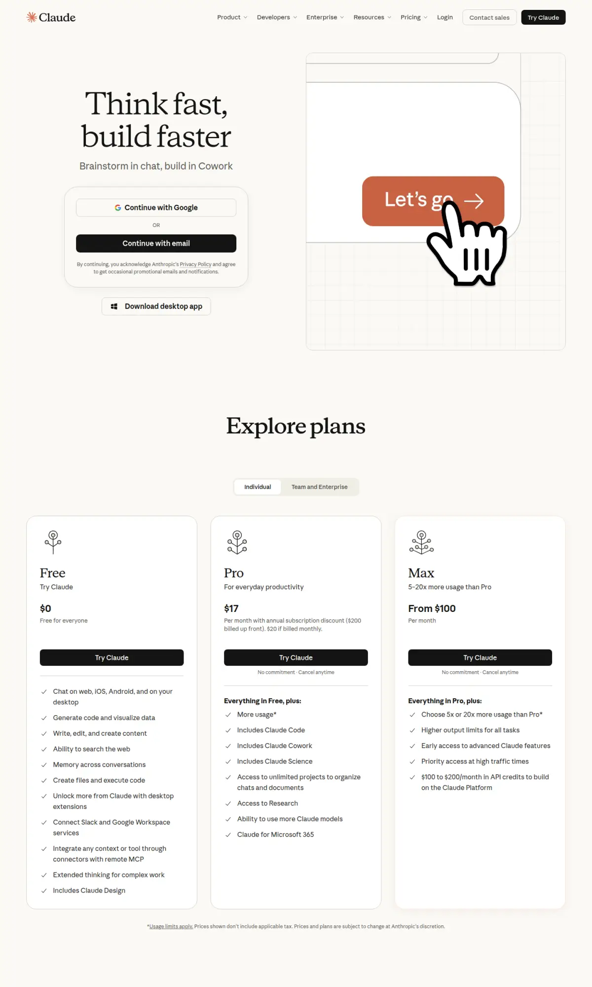 Claude homepage, the page as you scroll