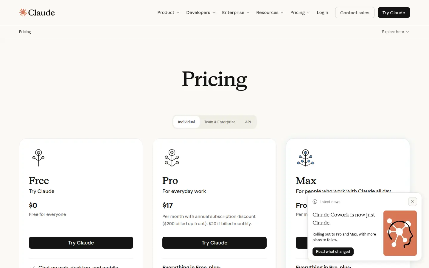Claude pricing page, first screen, design by Anthropic