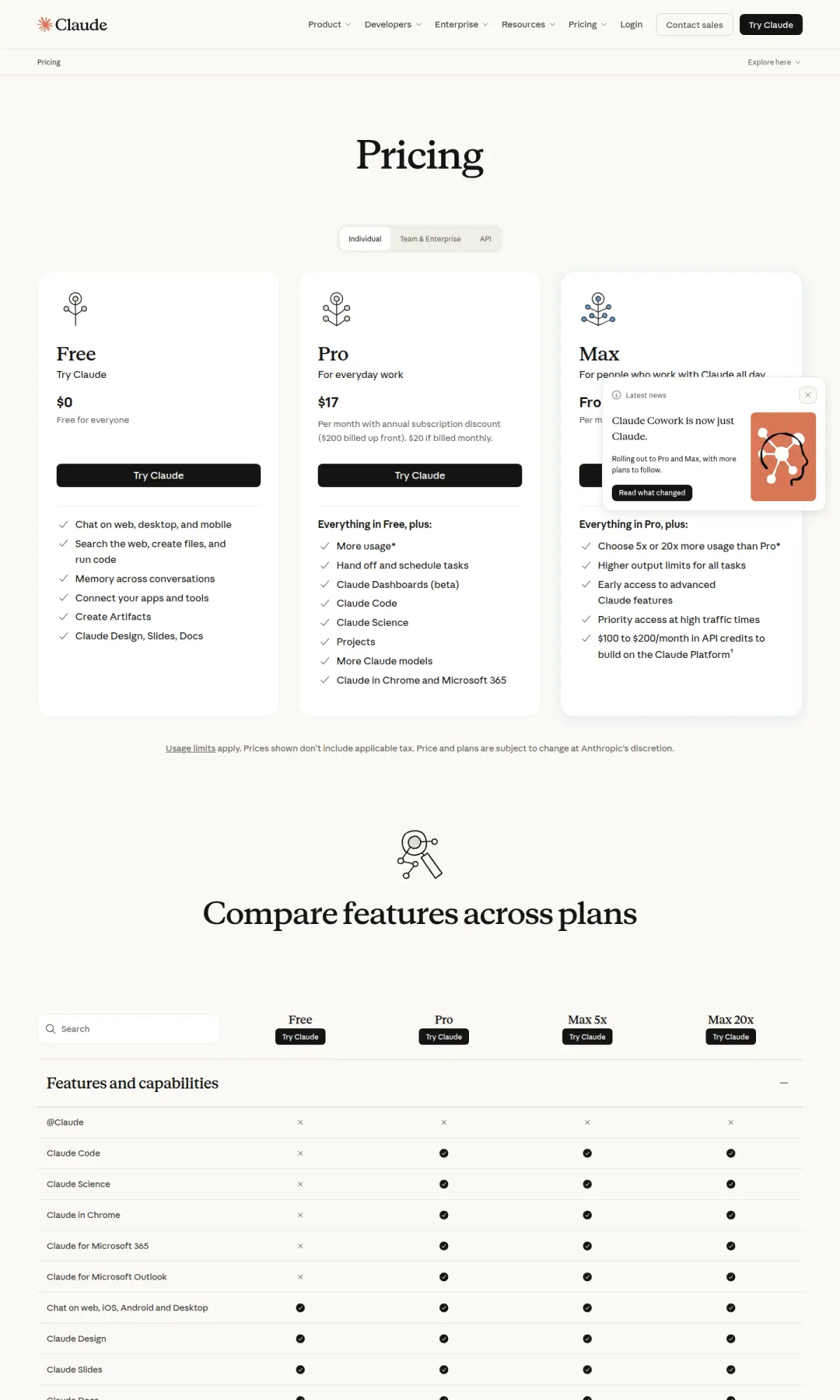 Claude pricing page, the page as you scroll