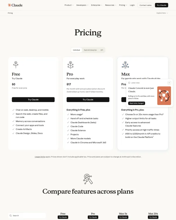 Claude pricing page, design by Anthropic