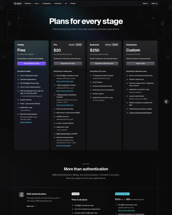 Clerk pricing page, design by Clerk