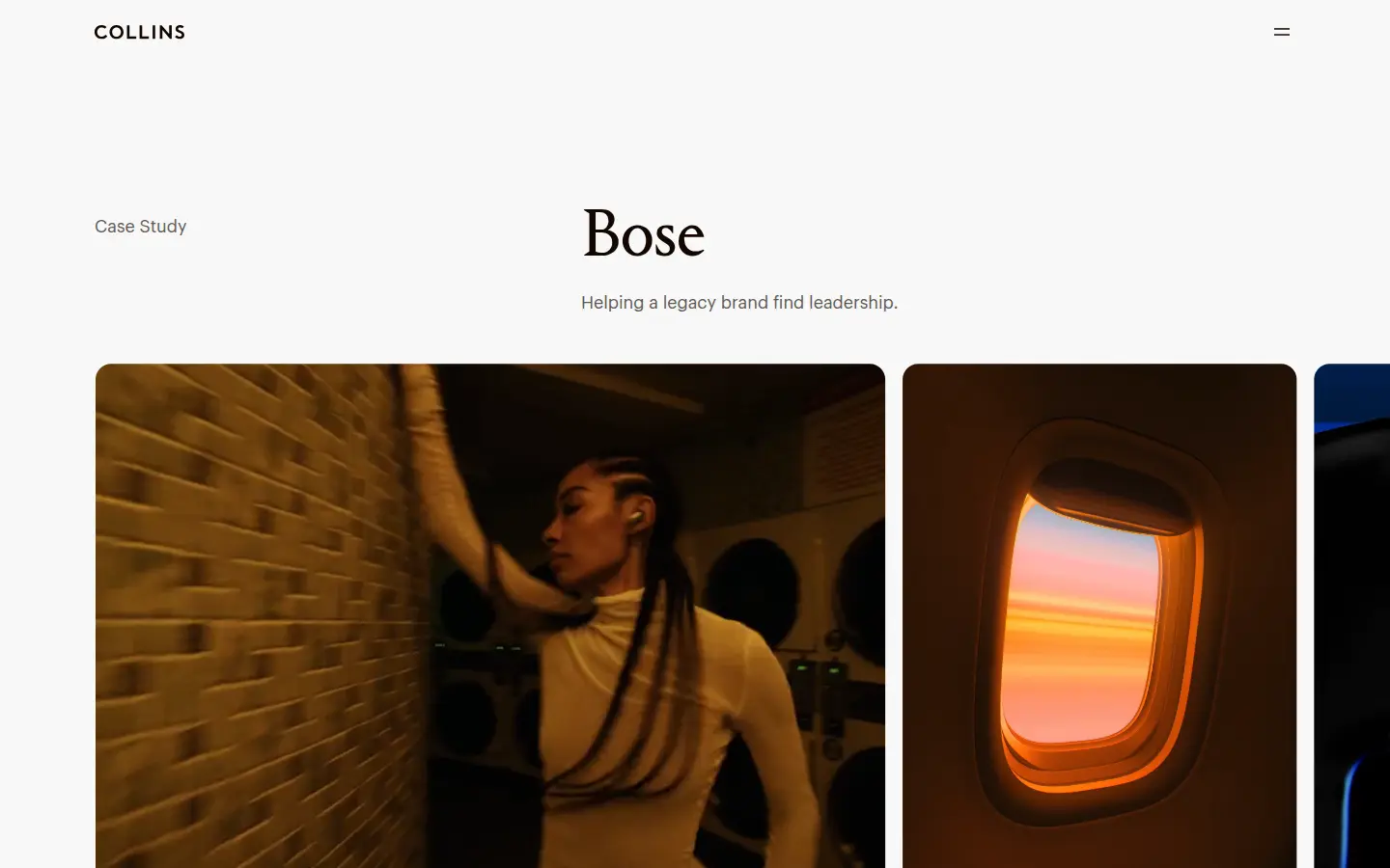 Bose identity by Collins, first screen, design by Collins
