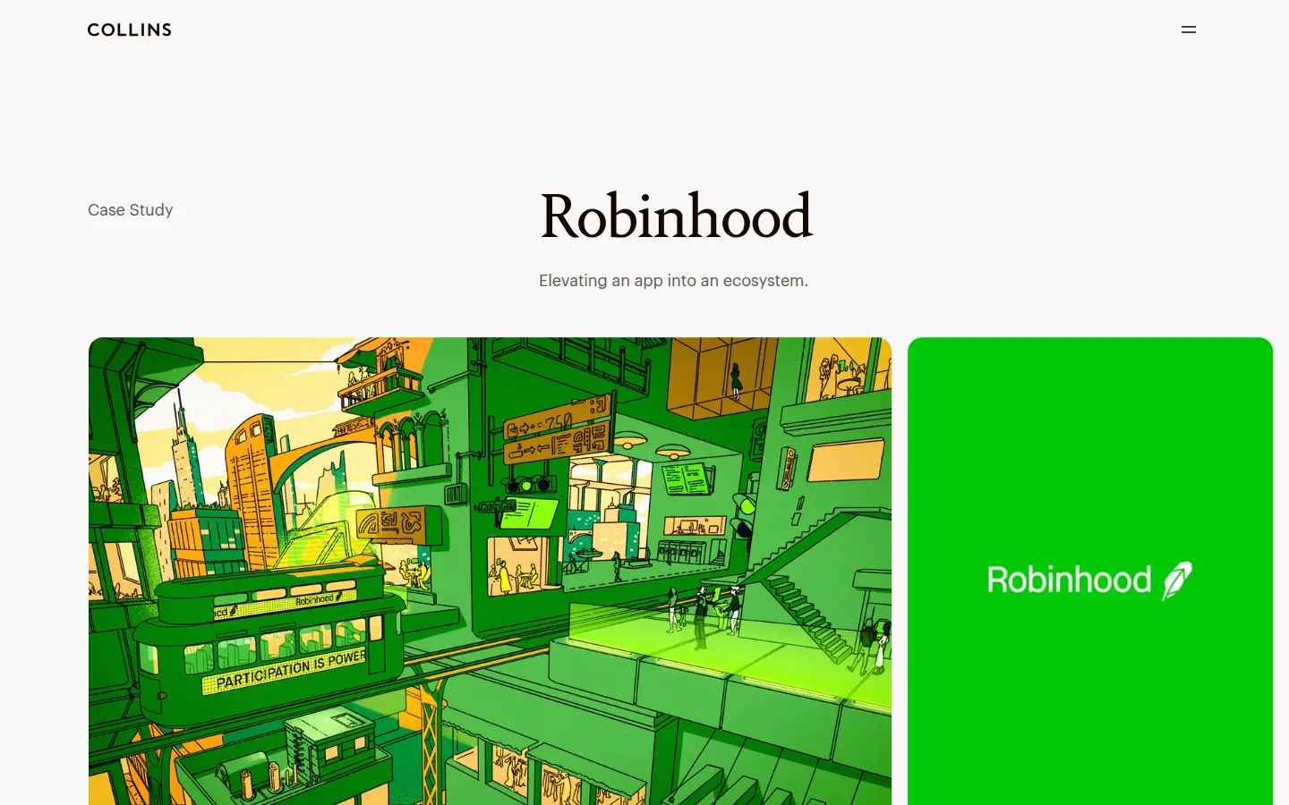 Robinhood identity by Collins, first screen, design by Collins