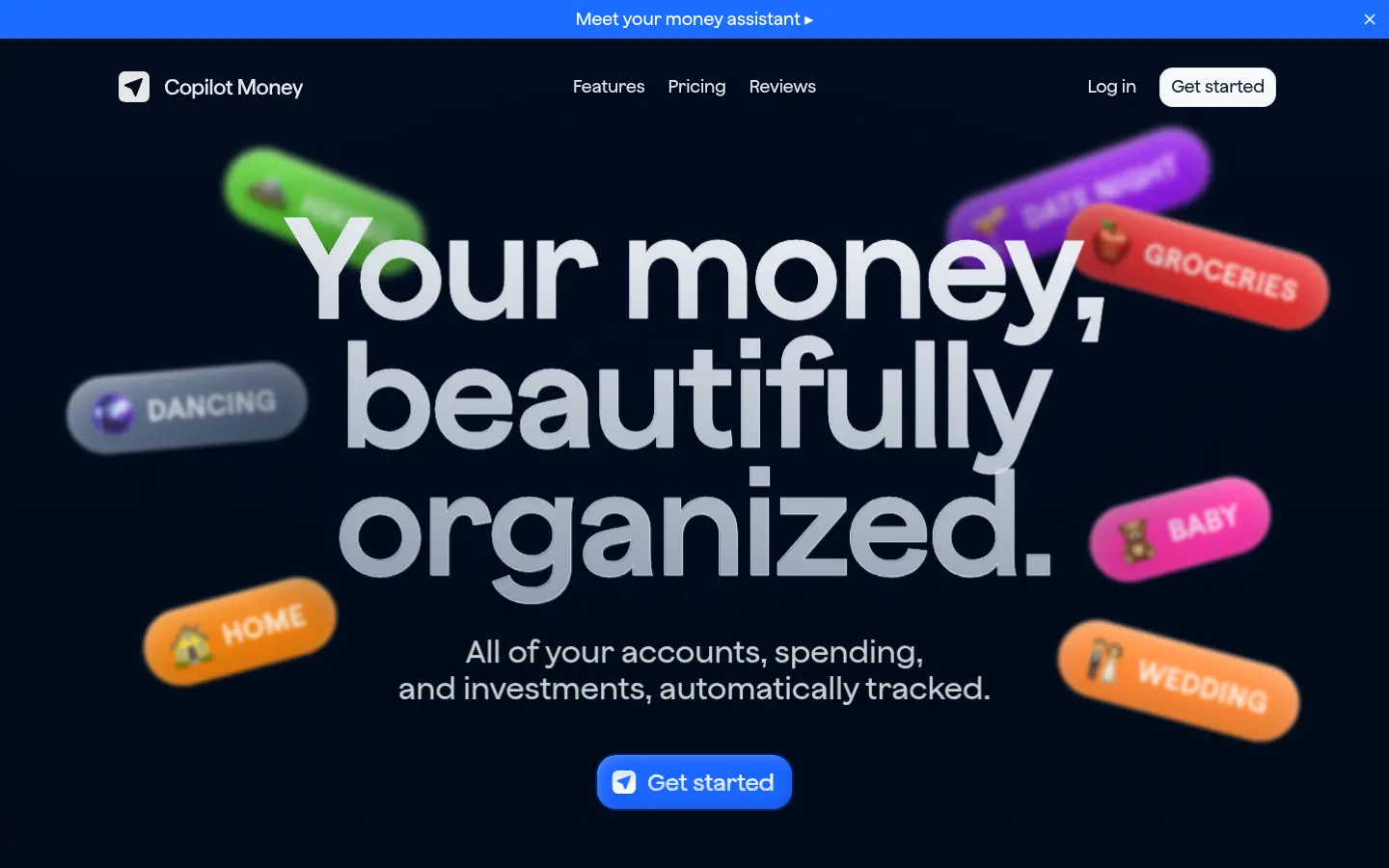 Copilot Money app site, first screen, design by Copilot