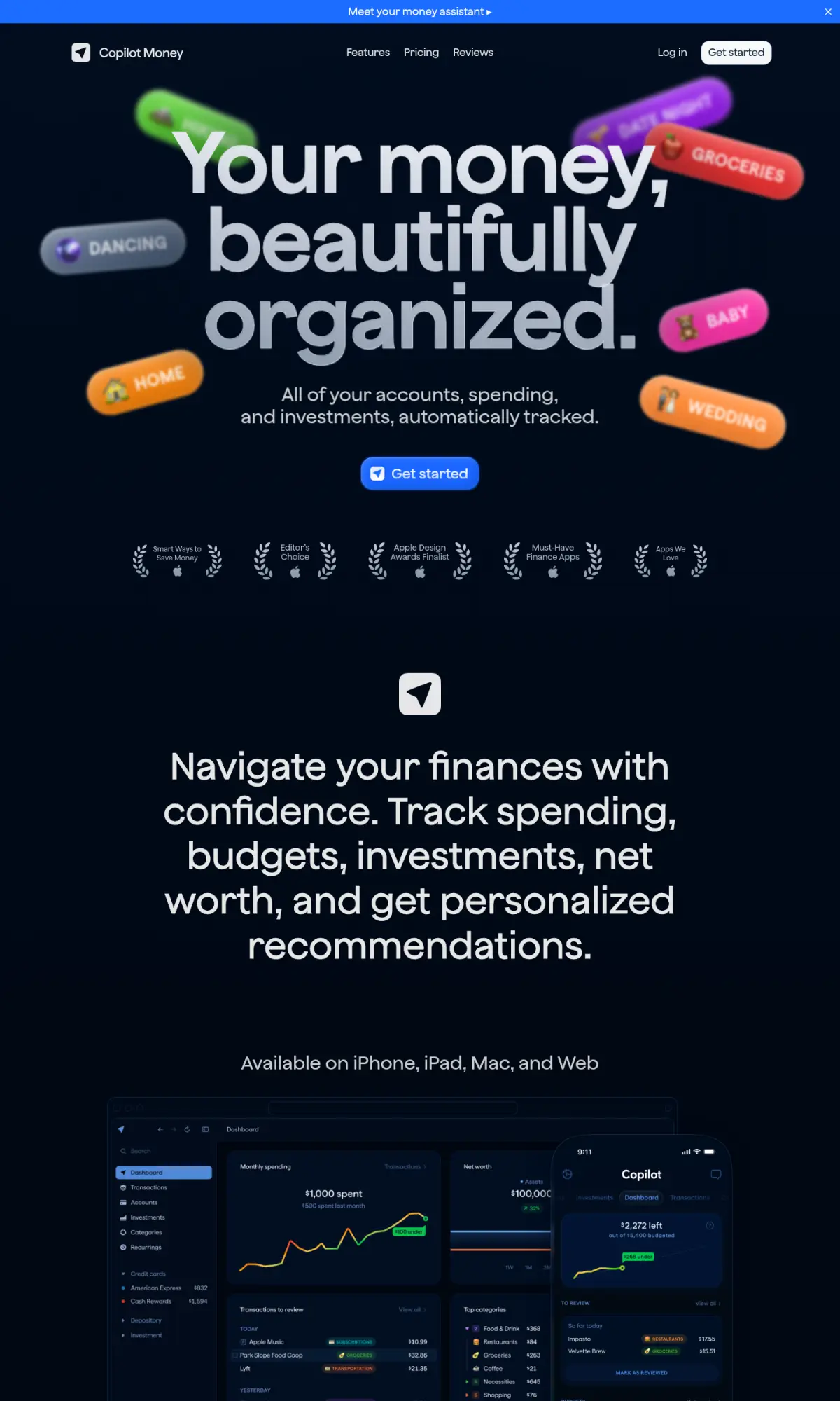 Copilot Money app site, the page as you scroll
